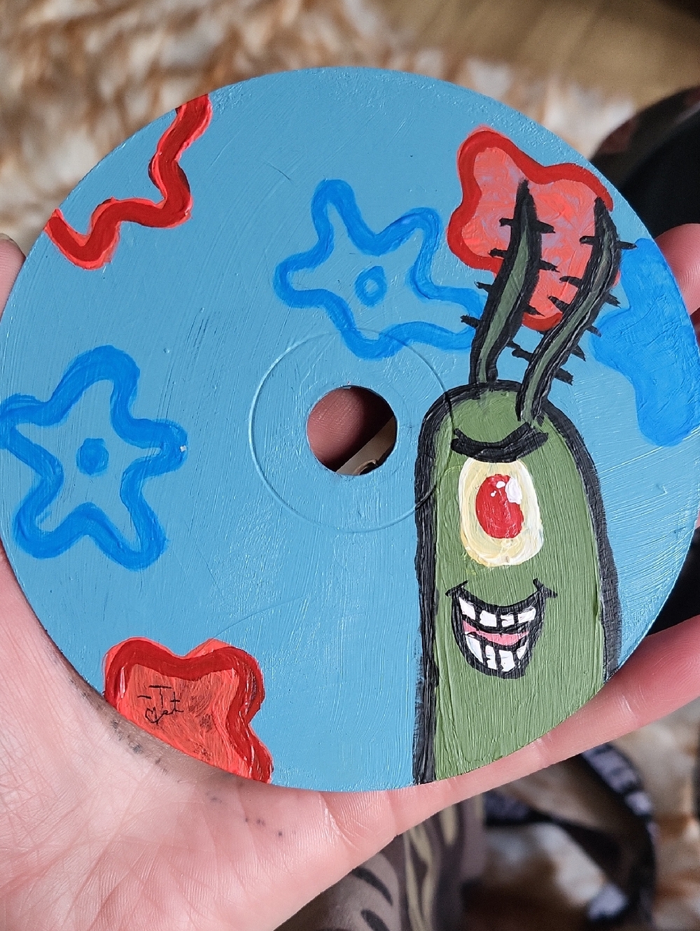 Hand-Painted Cartoon Home Art Painting in Blue and Green